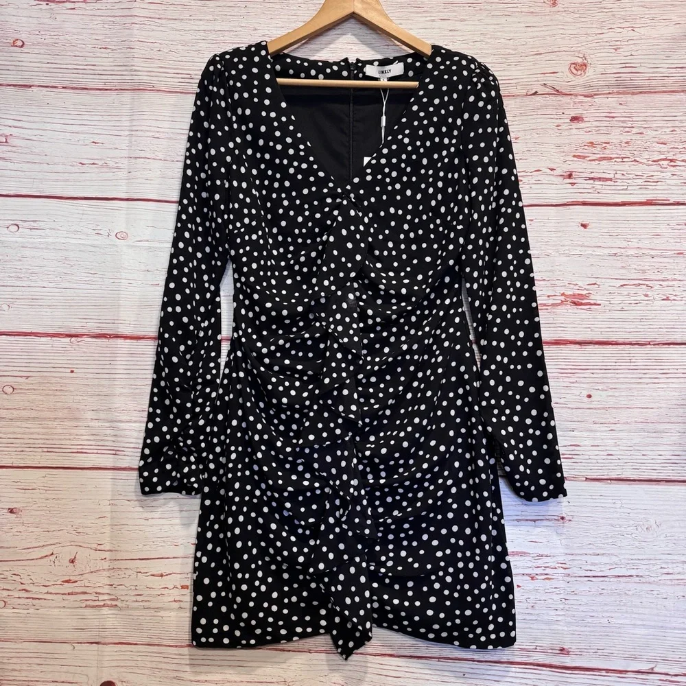 NWT LIKELY Corinne Ruffled Polka Dot Mini Dress in Black and White Sz 6 - Picture 3 of 12